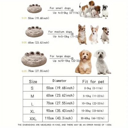 Plush Calming Pet Bed, Paw-Shaped round Faux Fur, Anti-Slip, Washable, for Dogs & Cats, Small/Medium